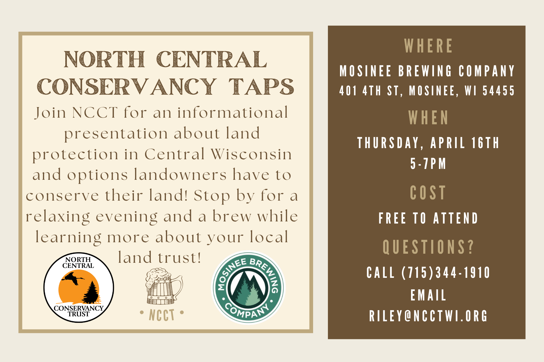 Thursday, April 16th, 2026: North Central Conservancy Taps at Mosinee Brewery