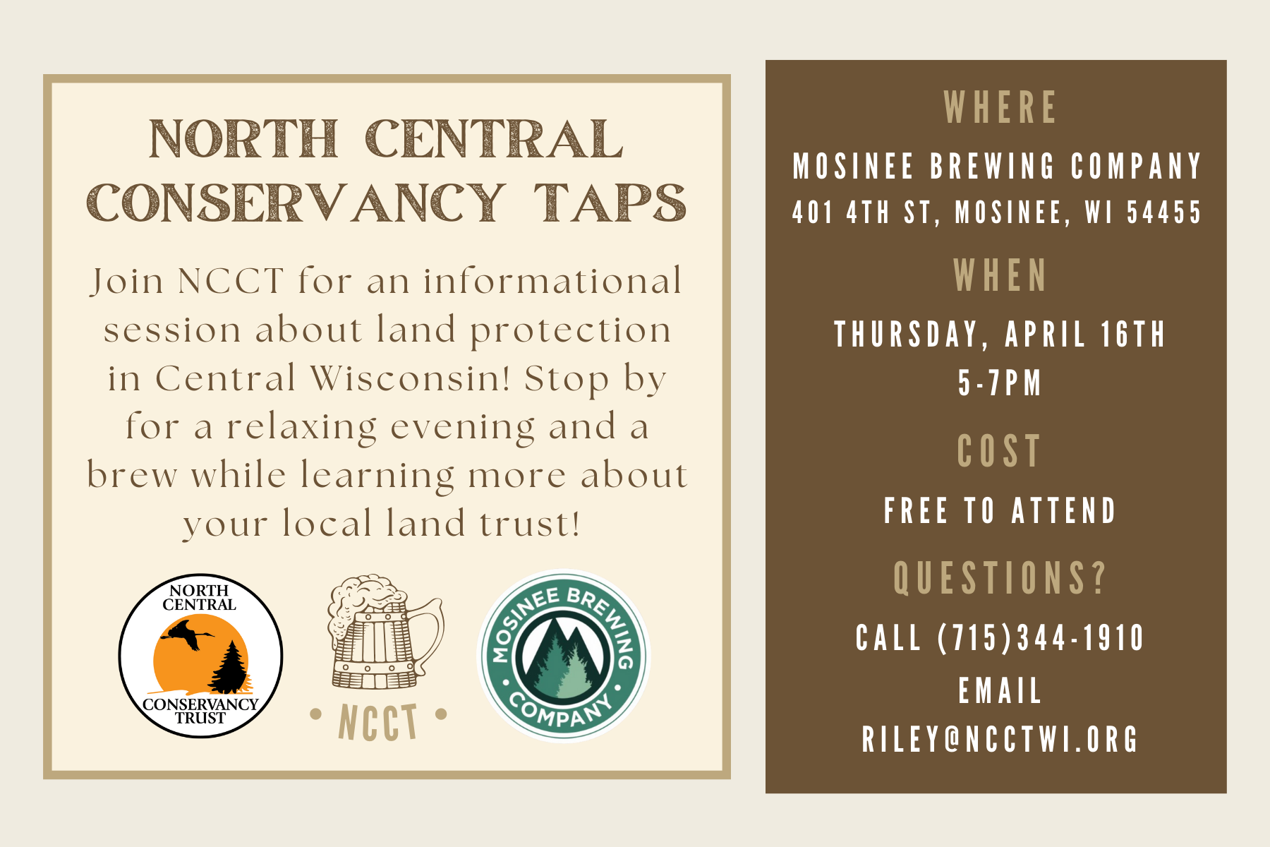 Thursday, April 16th, 2026: North Central Conservancy Taps at Mosinee Brewery